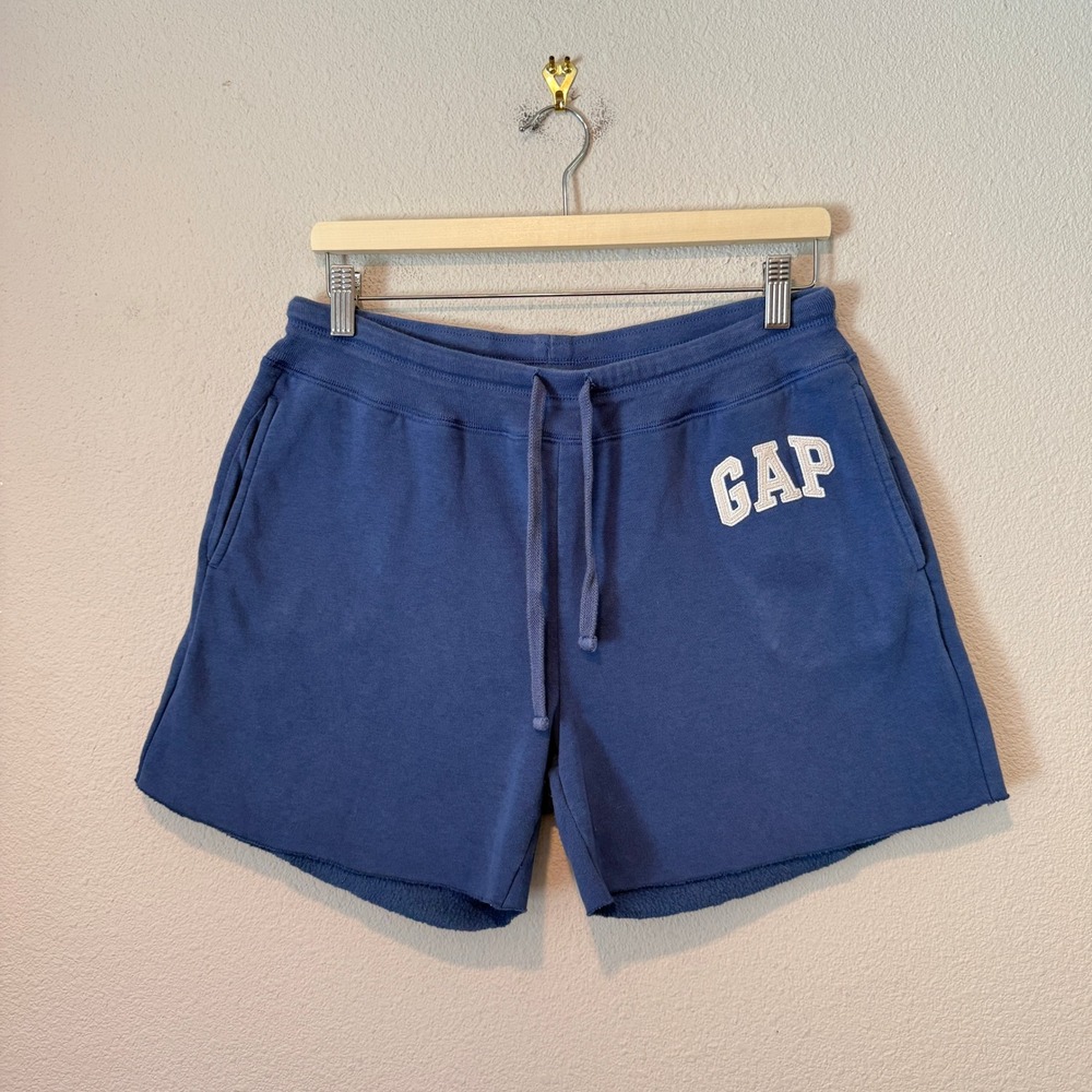 Gap Mens Logo Fleece Shorts Blue Drawstring Athletic Lounge Size M Raw Hem